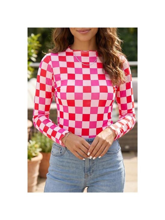 A Classy Chic Boutique Tops - Plaid Heart Mesh Sheer Long Sleeve High Neck Top